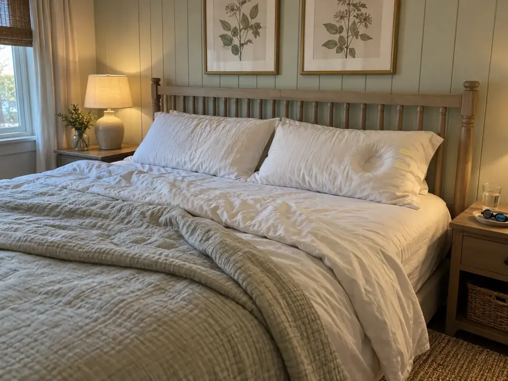 Slept-in queen bed in the morning, one pillow with a soft dent and two strips of tape still on its case