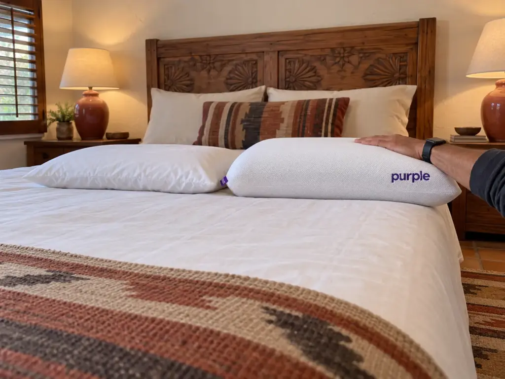 A hand pressed flat on top of a tall pillow beside a thin white pillow to compare their heights on a made bed