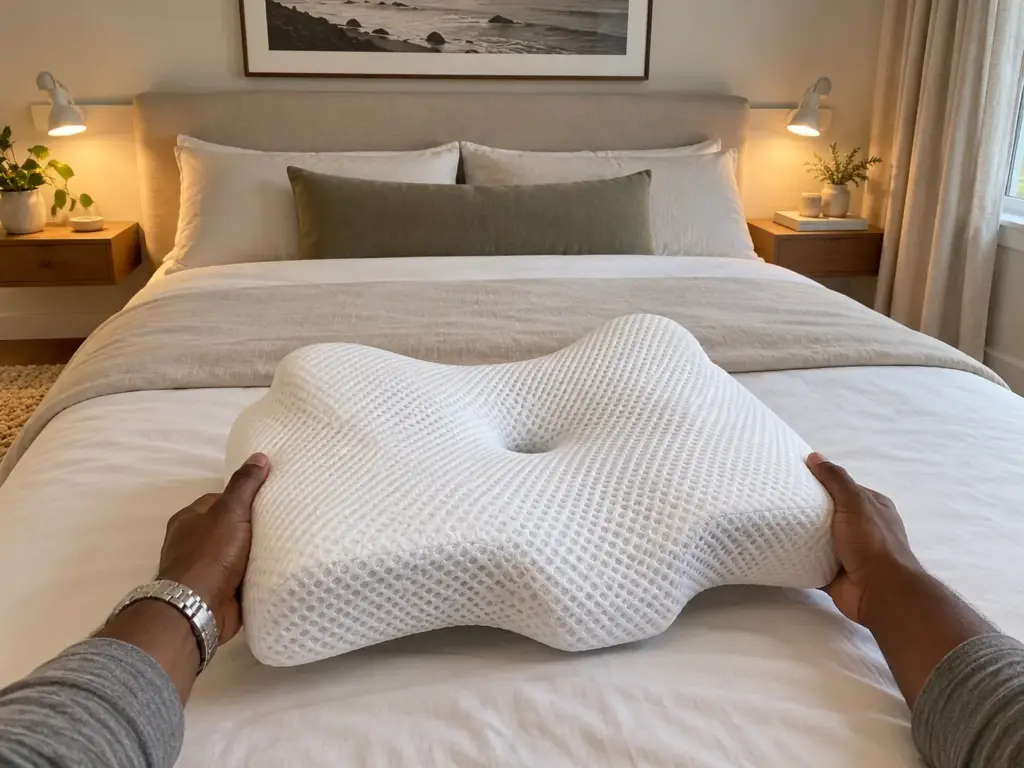 Hands turning a hollow-centre memory foam pillow around on a made bed to switch to its other height
