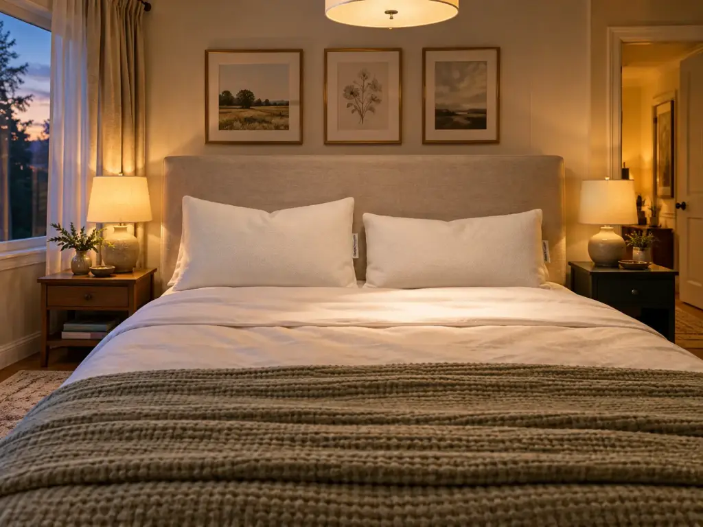 Two latex pillows at different heights side by side on a made bed, one for each sleeper, in warm evening light