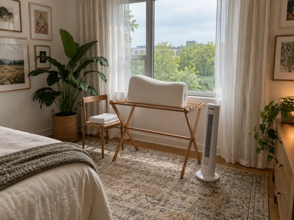 Memory foam pillow standing on its long edge on a wooden drying rack beside an open window with a slim fan pointed at it