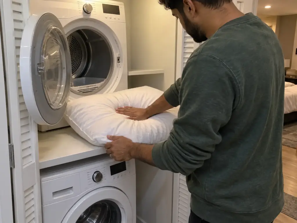 A man's hand presses the center of a white pillow held at an open dryer door, two tennis balls on a towel beside it