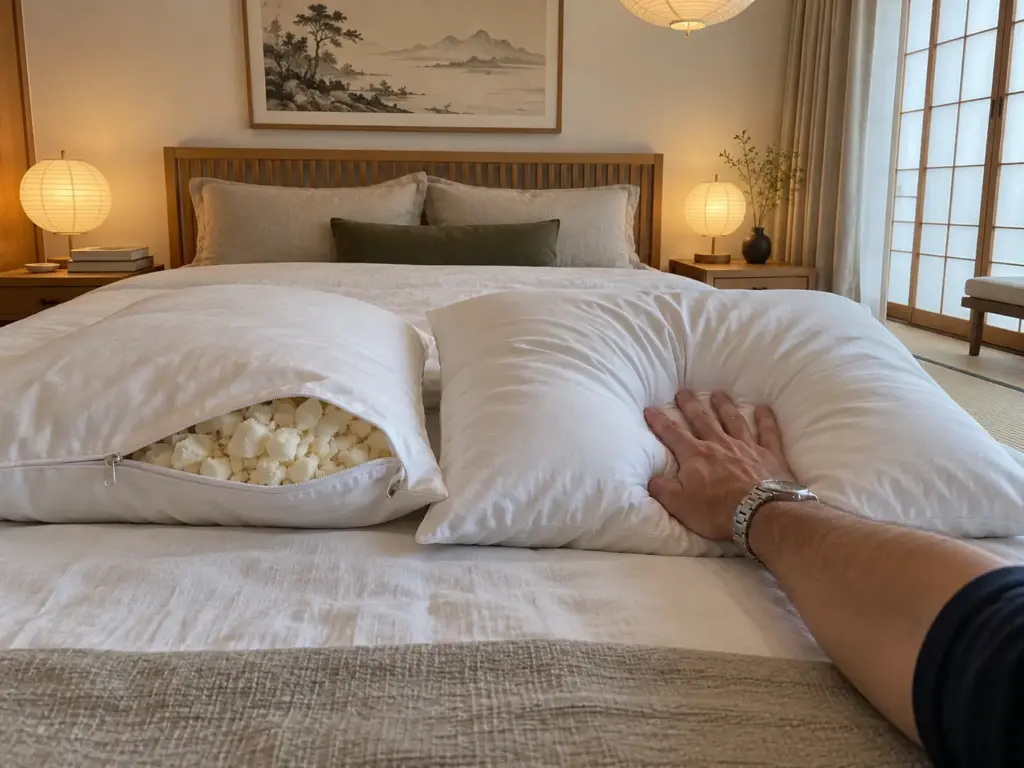 Two pillows on a made bed, one cut open to show shredded foam fill, with a hand pressing the other