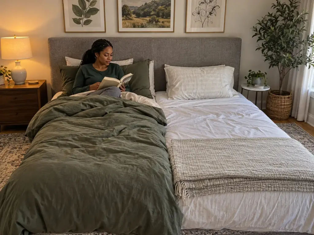 A woman sits up reading on her half of a queen bed while the other half is turned down with a folded cotton blanket