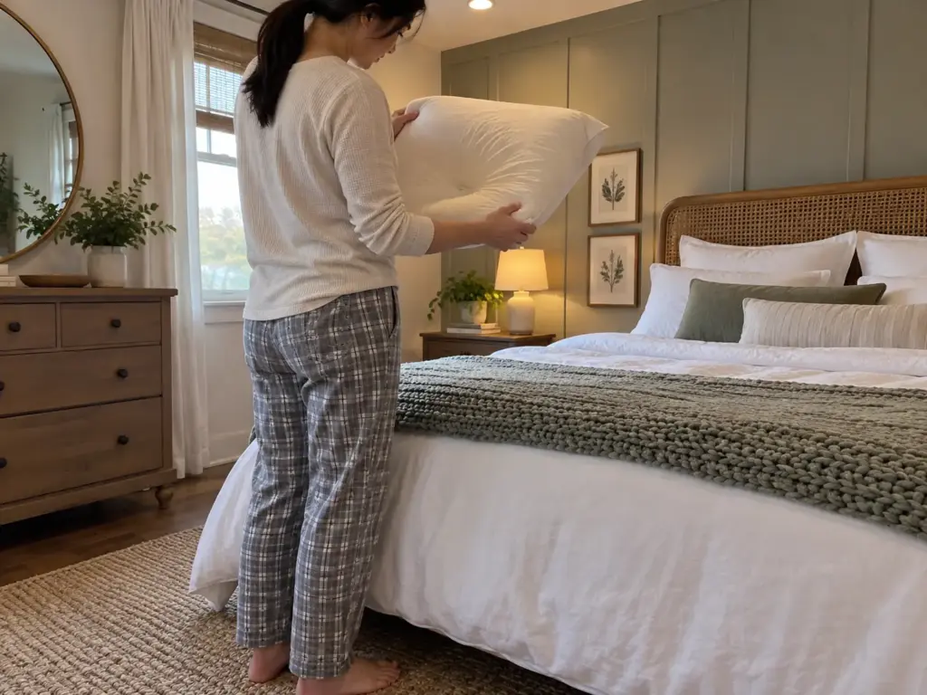 Woman turning a pillow over at the side of a made bed to check its underside, seen from behind