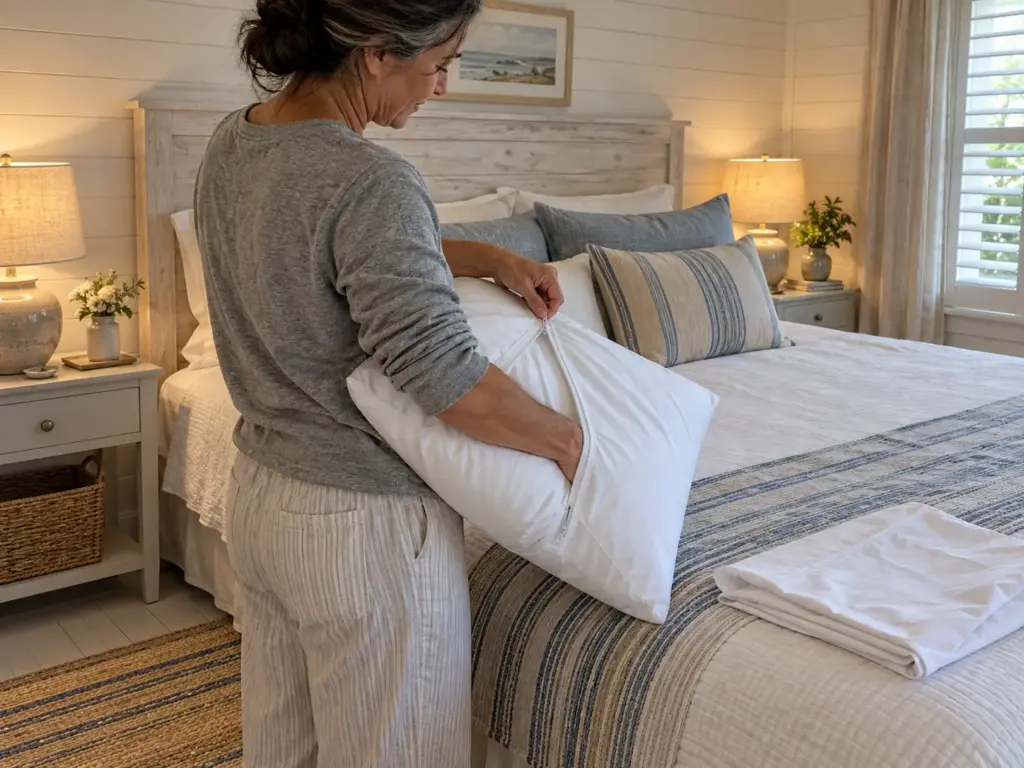 A woman zipping a clean pillow into a white cotton protector at the edge of a made bed, pillowcase waiting beside it