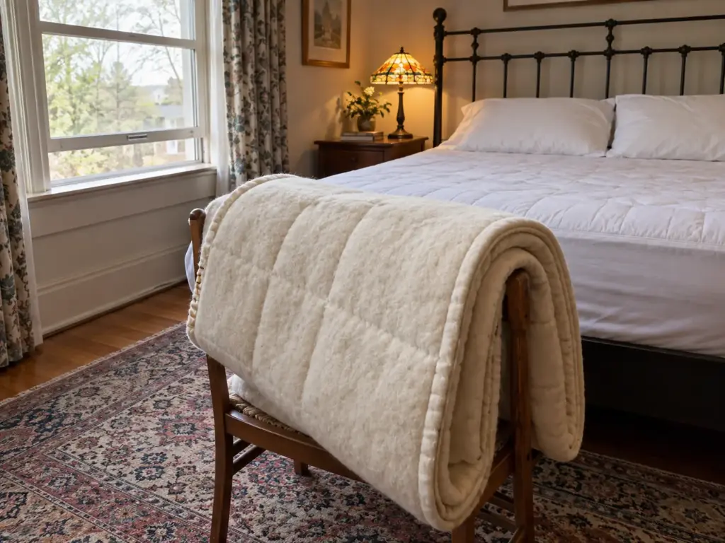 A thick wool mattress topper folded over the back of a wooden chair beside an open bedroom window to air