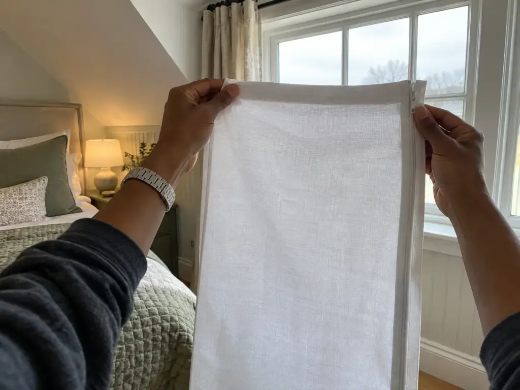 Hands holding woven cotton fabric against a bright window to show how tight or open the weave is