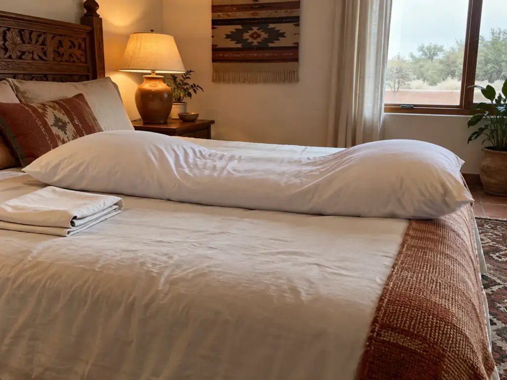 Long body pillow on a made bed plump at both ends and flat in the middle where legs rested, with its folded cover beside it