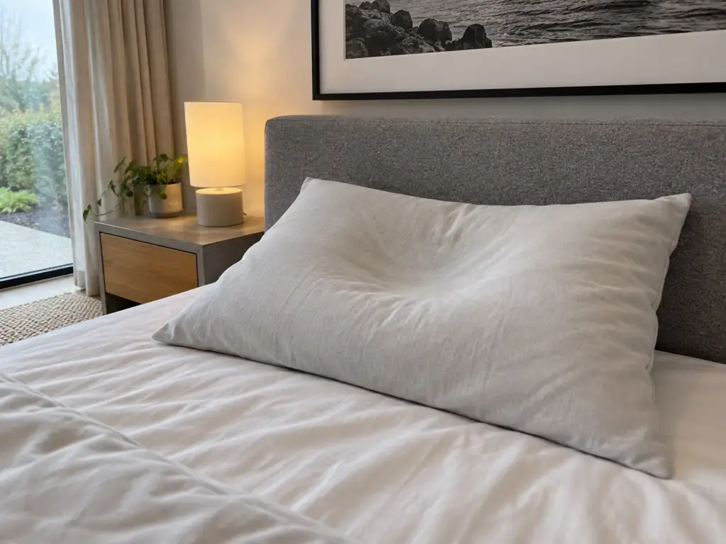 A buckwheat pillow on a made bed still holding the rounded dent where a head rested, in a bright bedroom