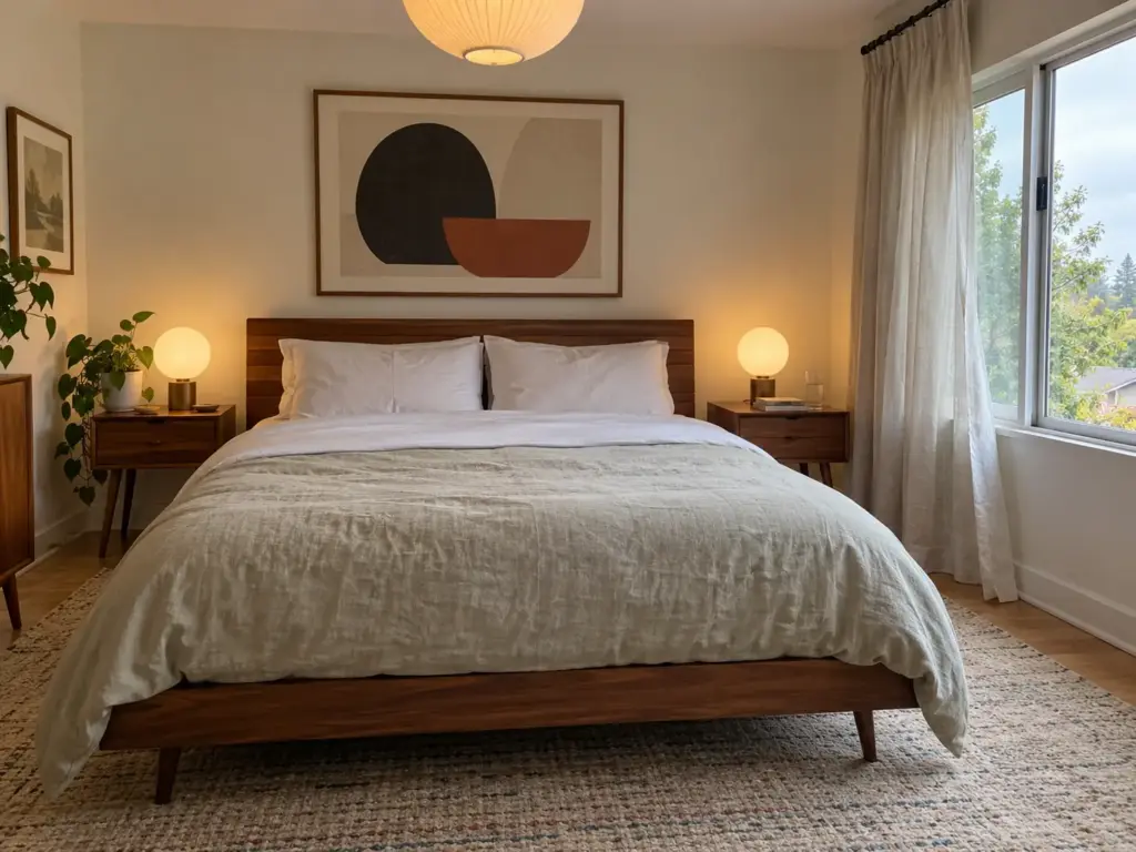 Empty made bed in a mid-century bedroom with the picture window open on an overcast morning
