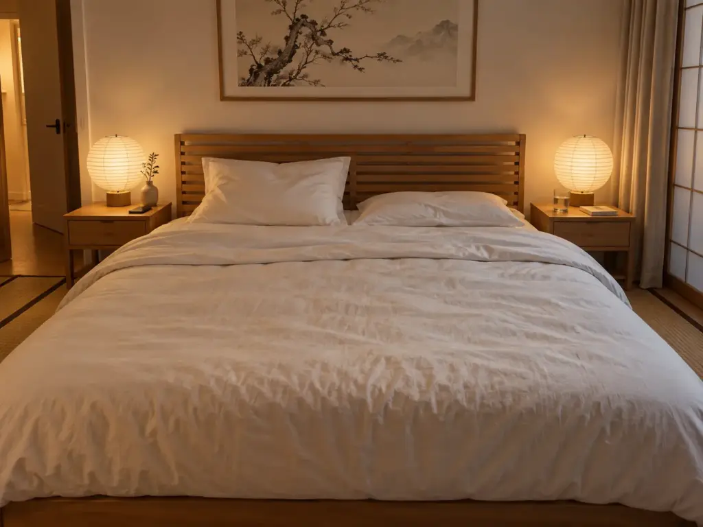 Evening bed with a tall dented pillow on one side, a flat pillow on the other and a paperback by the lamp