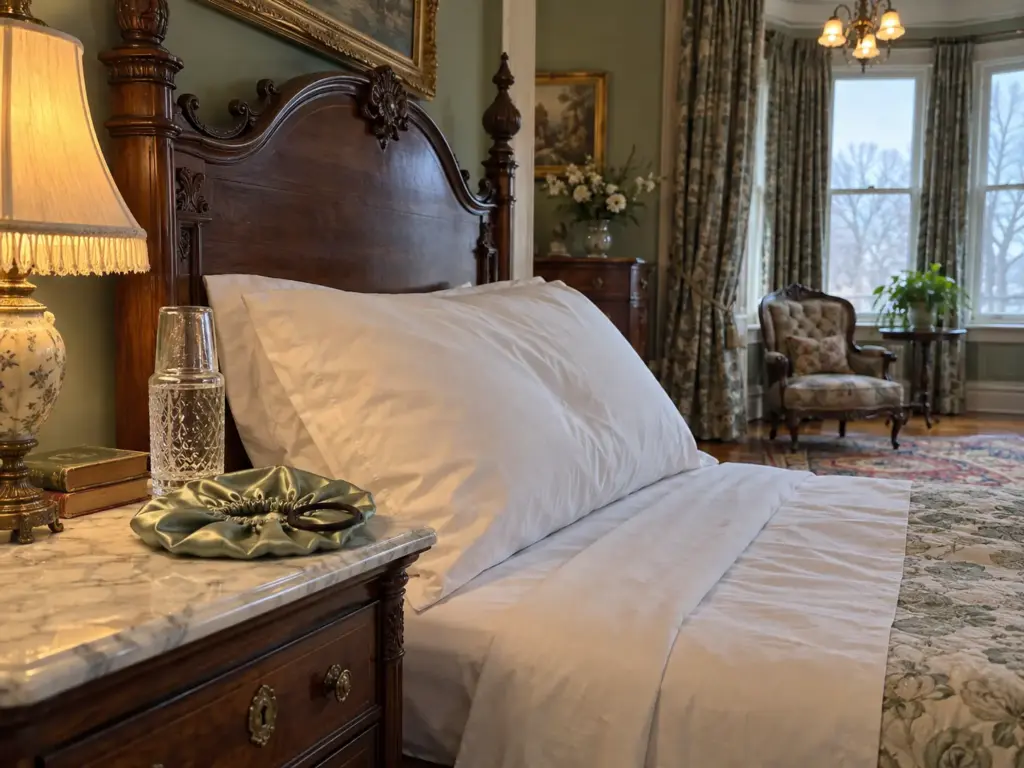 Plain cotton pillowcase on a pillow beside a folded satin bonnet and hair tie on a marble nightstand