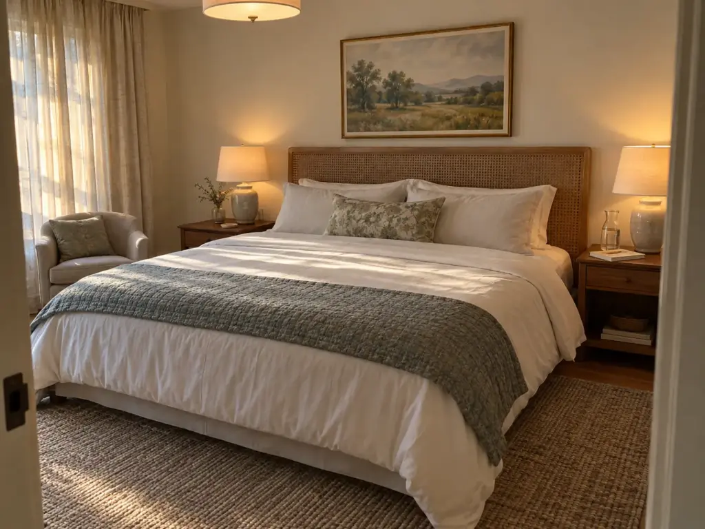 Made queen bed in late-afternoon sun with a paperback and a pencil on the nightstand, ready for the night