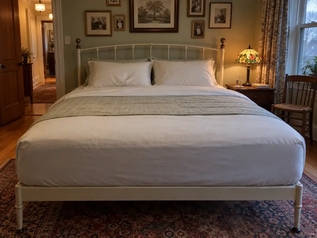 A made queen bed in the evening, a fitted sheet snug over the mattress and topper, lamp lit and a glass of water beside it