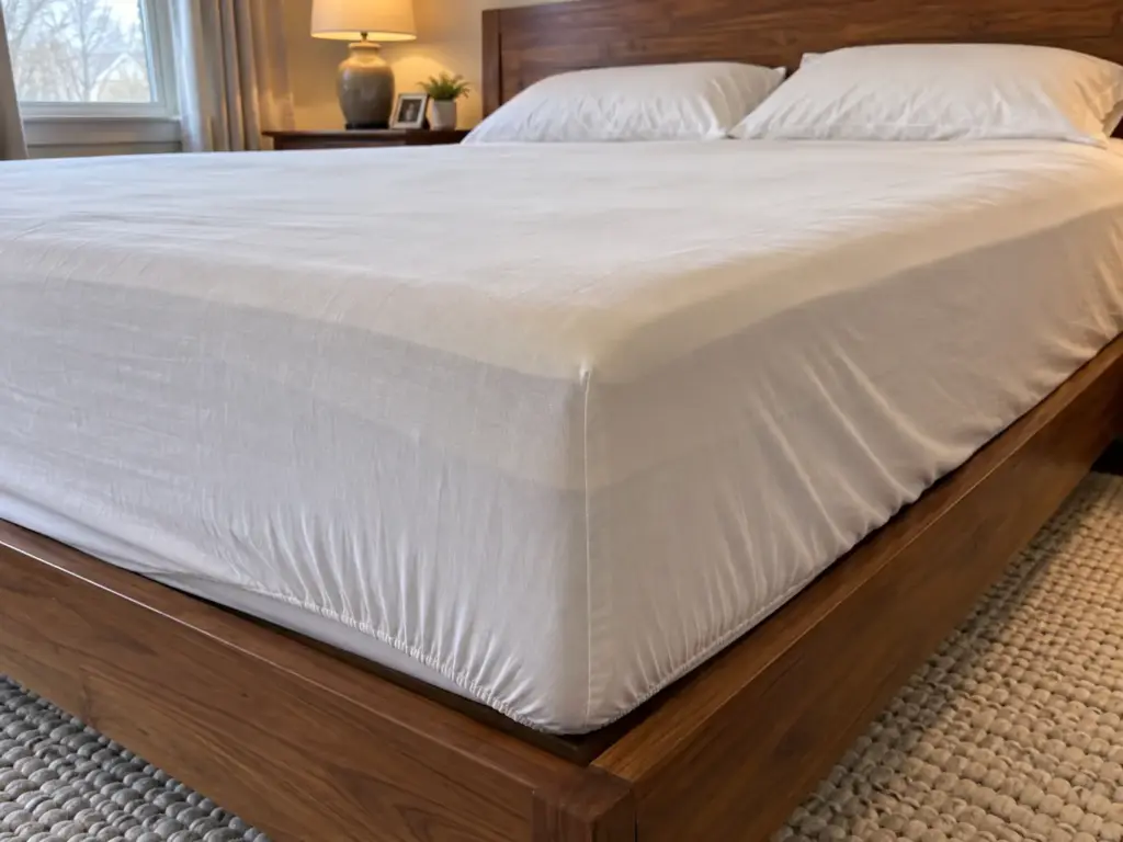 Corner of a thick latex topper on a queen mattress, the fitted sheet's elastic pulled tight under the combined edge