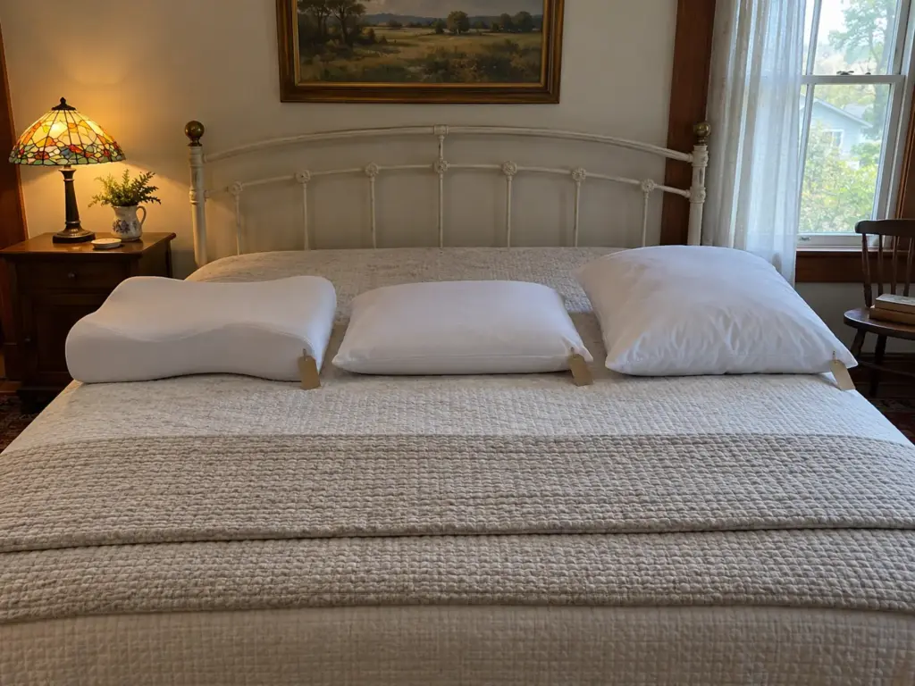 Three pillows of different shapes lined up on a made bed with blank cardboard swing tags tied to each corner