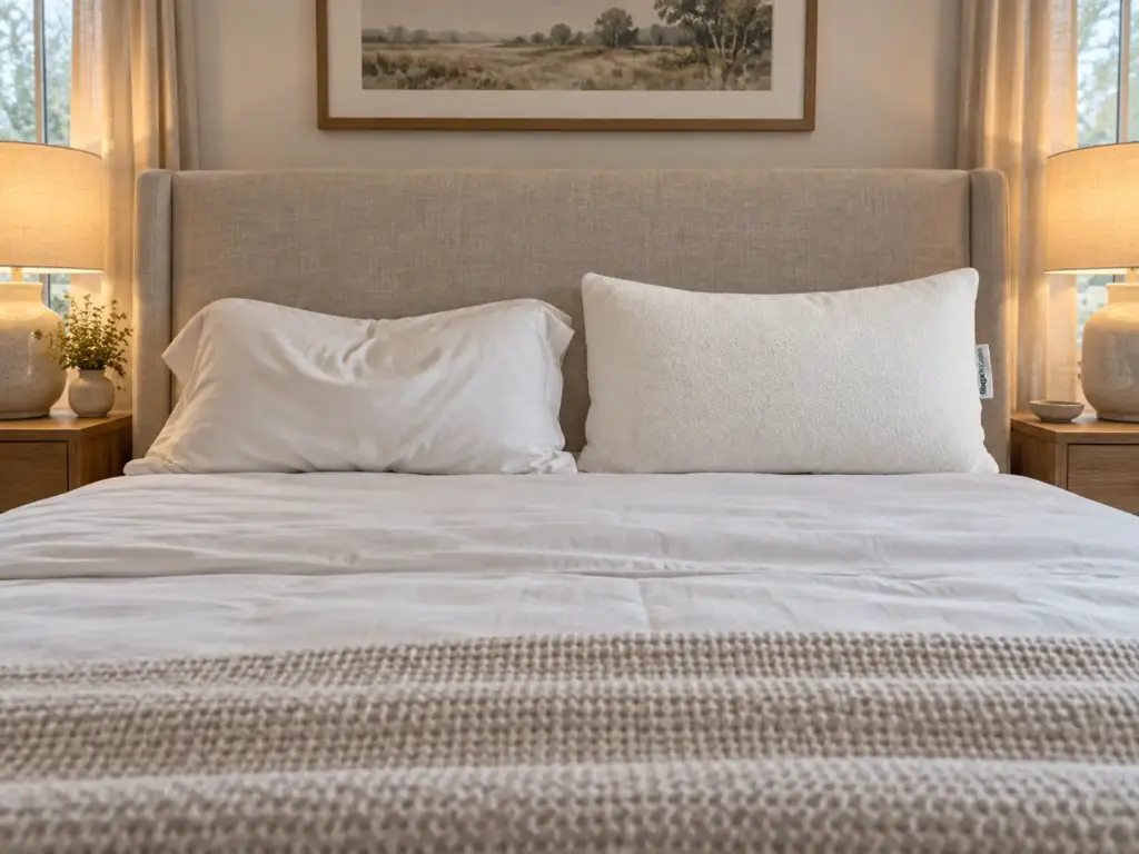 Two pillows upright against a headboard: a down pillow folded over at the top beside a latex pillow holding its shape