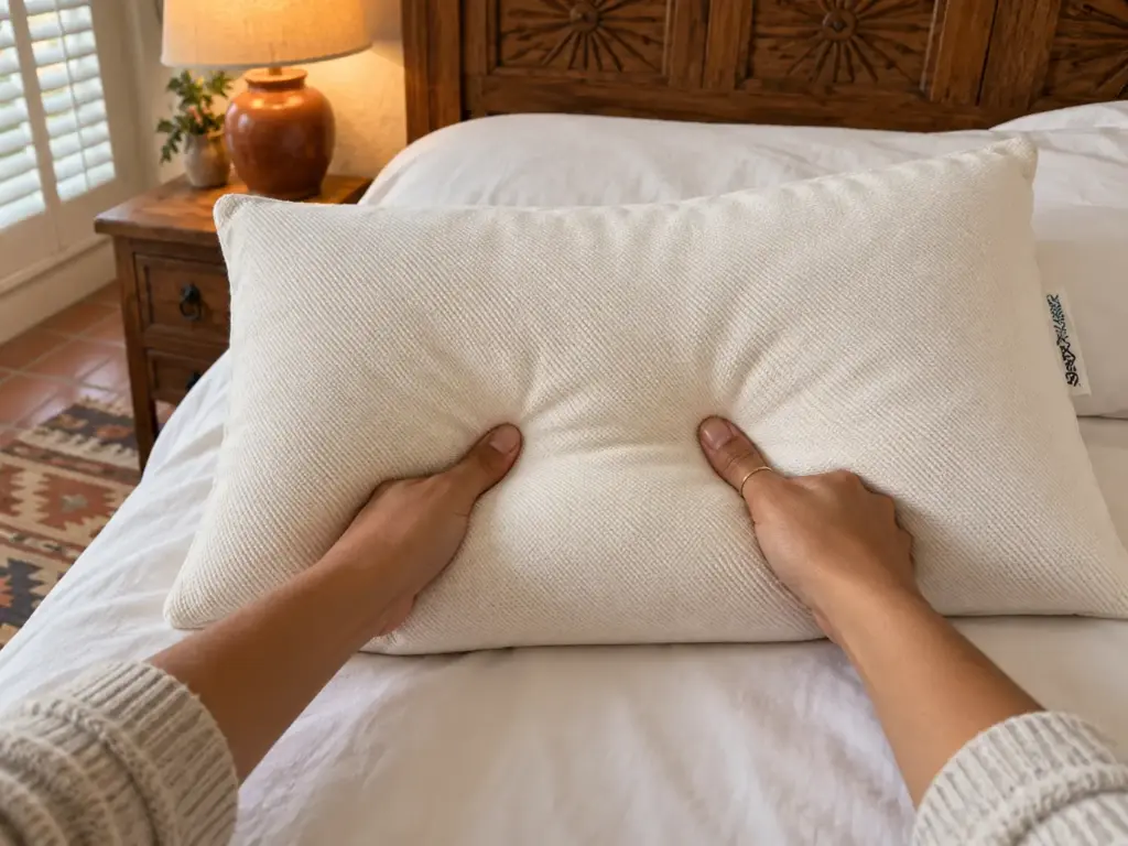 Fingers pressing a dent into a shredded latex pillow to see how fast it springs back, on a made bed in morning light