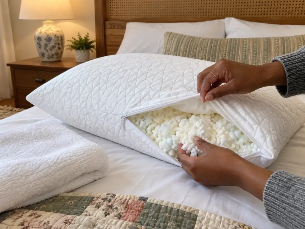 Adjustable pillow with its zipper open beside a folded towel on a guest bed, fill ready to adjust