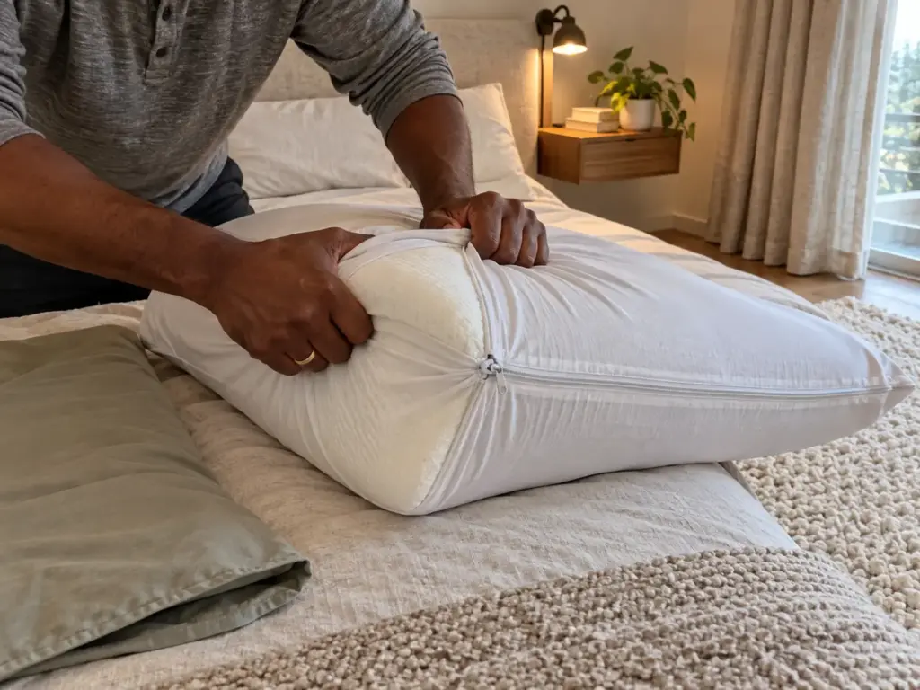 Hands forcing a firm pillow into a protector that is too small, the corners bulging at the zipper