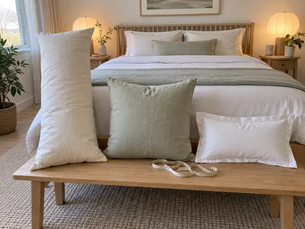 A long body pillow, a square Euro pillow and a small boudoir pillow lined up on a bench at the foot of a bed