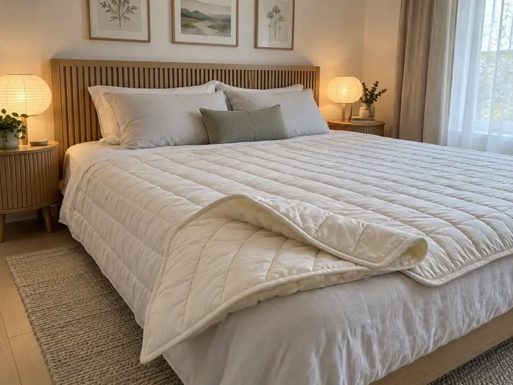 A quilted wool-filled layer folded back at the corner of a made queen bed, its stitched channels visible in window light