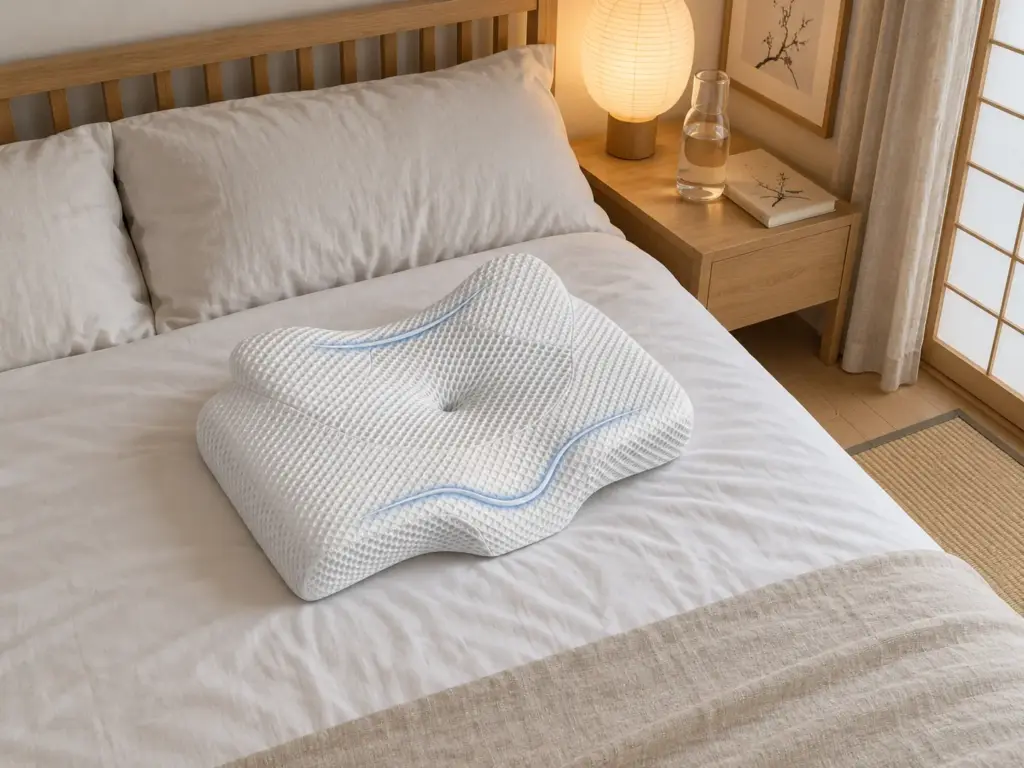 Hollow-center memory foam pillow lying on a made bed in a Japandi bedroom, with its raised rim and central dip visible