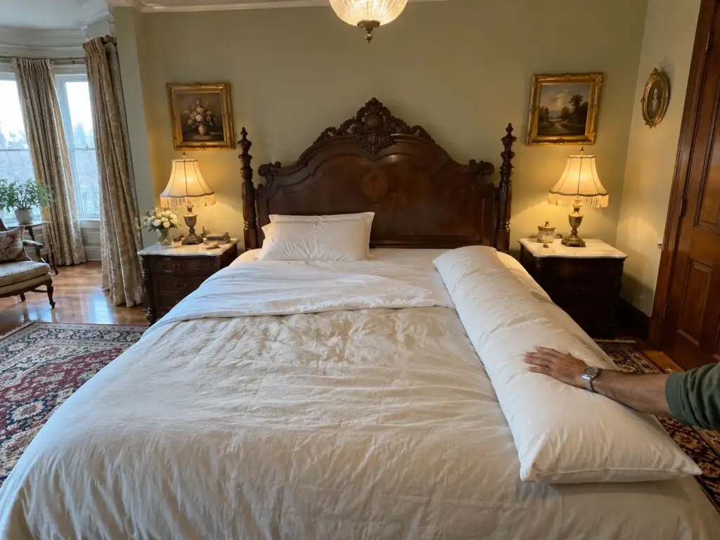 A long body pillow lying along one side of a made queen bed with a hand resting on top of it