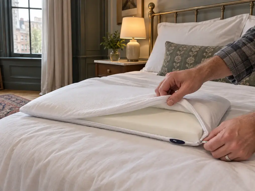 Hands unzipping the cover of a thin gel memory foam pillow on a made bed to show the slab inside