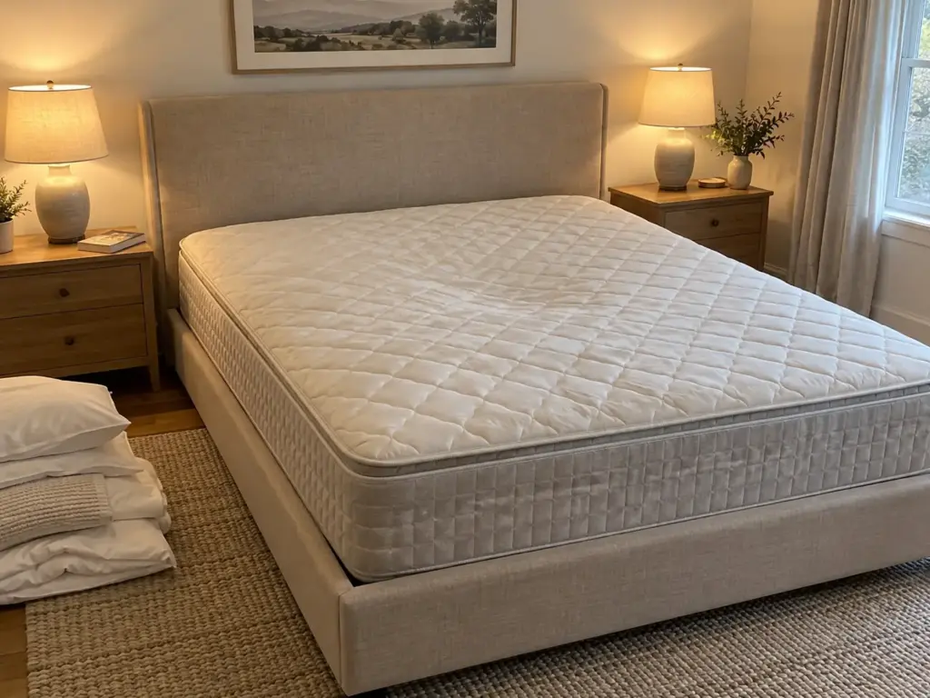 A stripped mattress in a white quilted cover with a slight hollow in the middle, the sheets folded on the rug