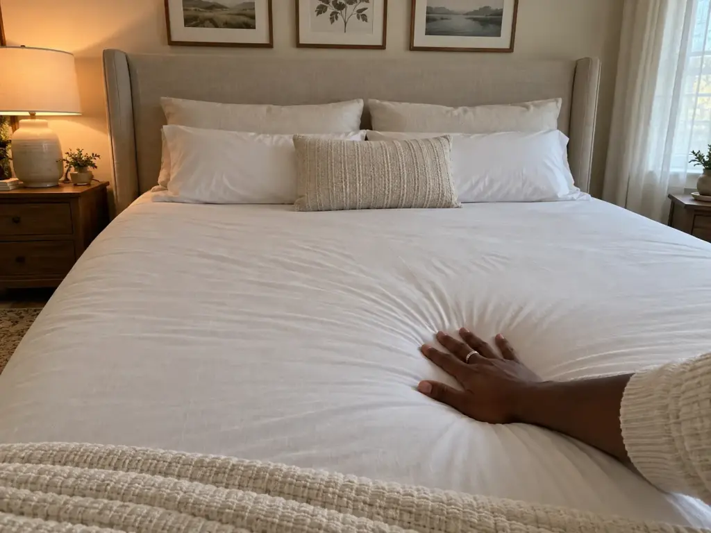 Hand pressing flat on the middle of a bare fitted sheet over a thick mattress with the duvet folded at the foot