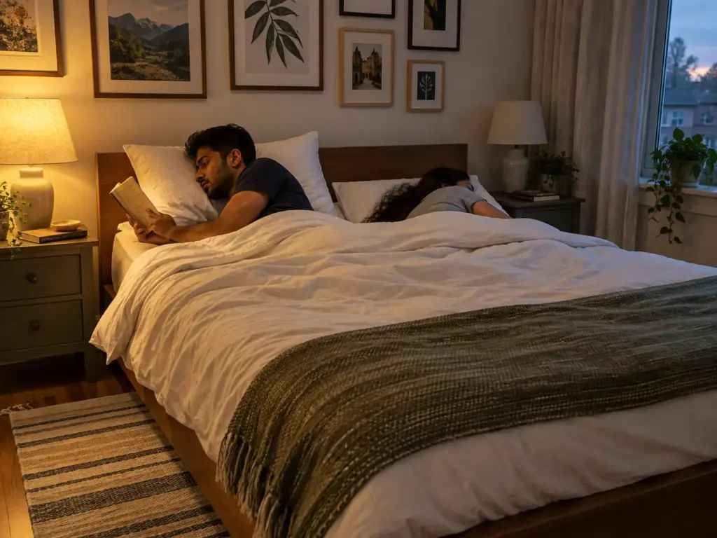 A couple lying on their sides in bed, he reading, she asleep, each on a pillow of a different height