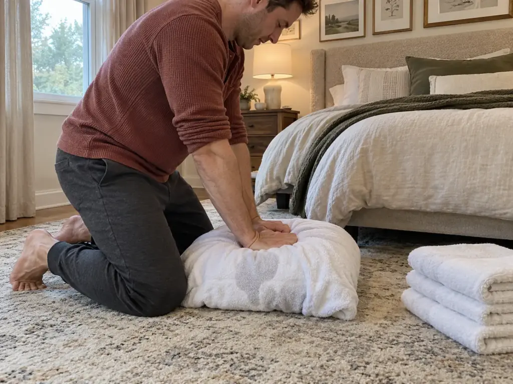 Man kneeling on a rug pressing a towel-wrapped pillow flat between his hands, a stack of folded towels beside him