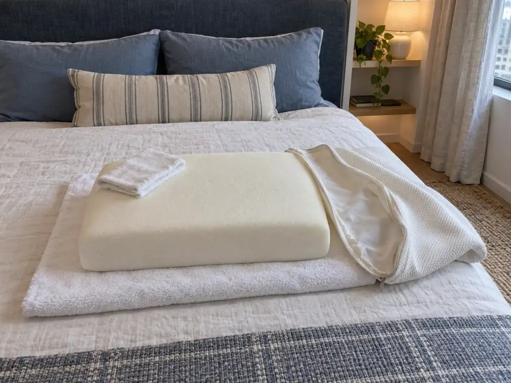 A dense foam pillow lies on a white towel on a made bed with its cover unzipped beside it and a damp cloth folded on top