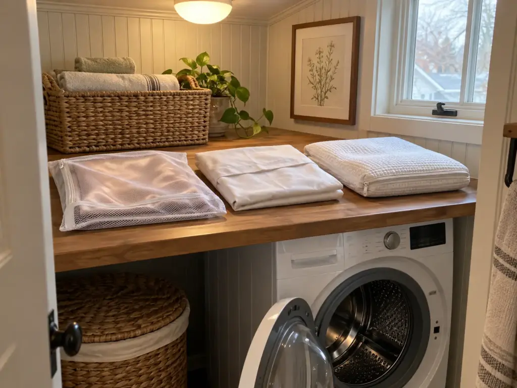 Zipped silk pillowcase in a mesh wash bag beside a folded envelope case and a zipped protector by a washer