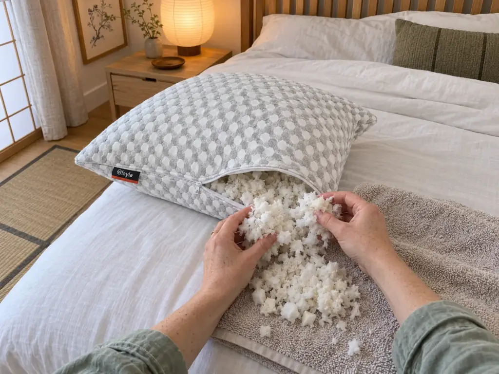 Adjustable-fill pillow with its zipper open on a made bed and hands lifting out shredded foam fill
