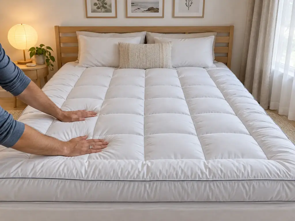 Hands smooth the quilted surface of a pillow-top down-alternative topper laid on a queen mattress