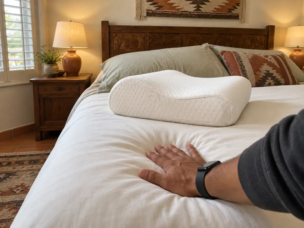 A flat palm pressing into the mattress beside a contoured pillow to show how far the surface sinks on a made bed