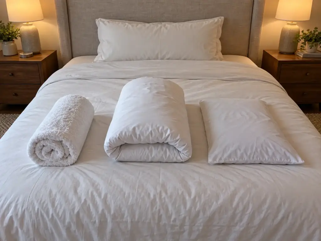 Rolled towel, a folded flat pillow and a thin pillow laid out on a made bed beside one pillow in place