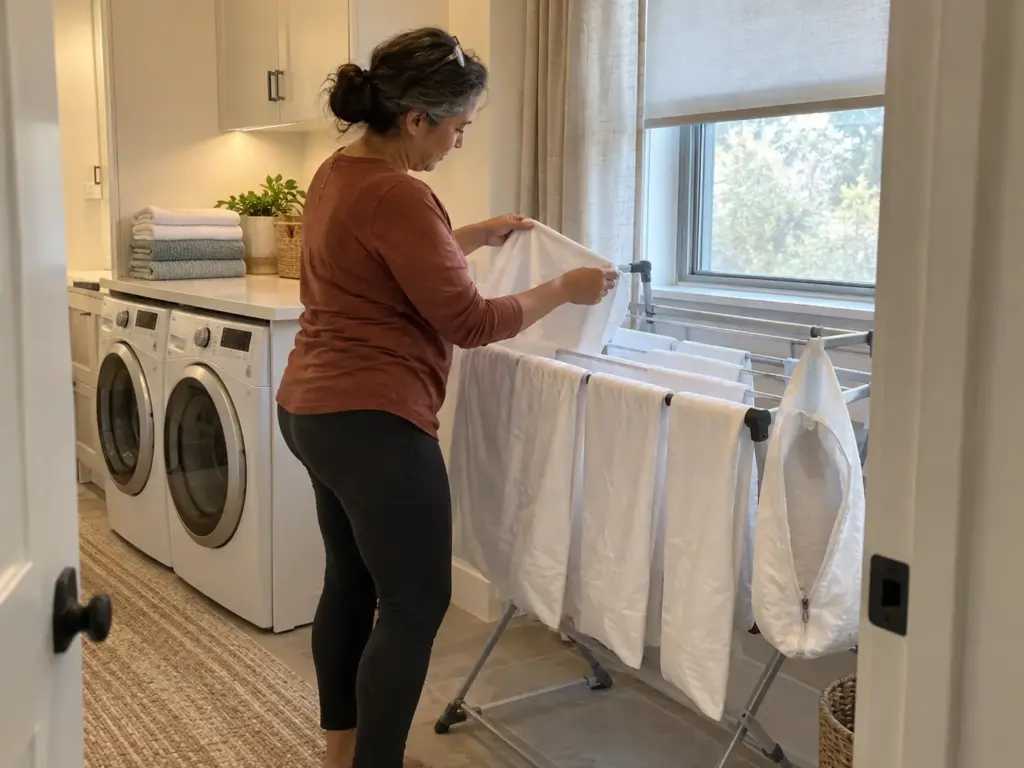 A woman hanging pillowcases and a pillow protector on a folding drying rack in a bright laundry room