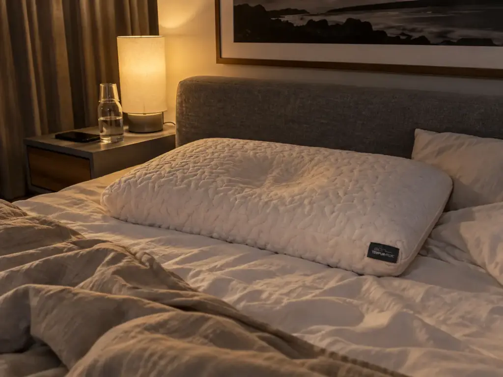 A solid foam pillow flipped over to its cool side at night on a rumpled bed lit only by a bedside lamp