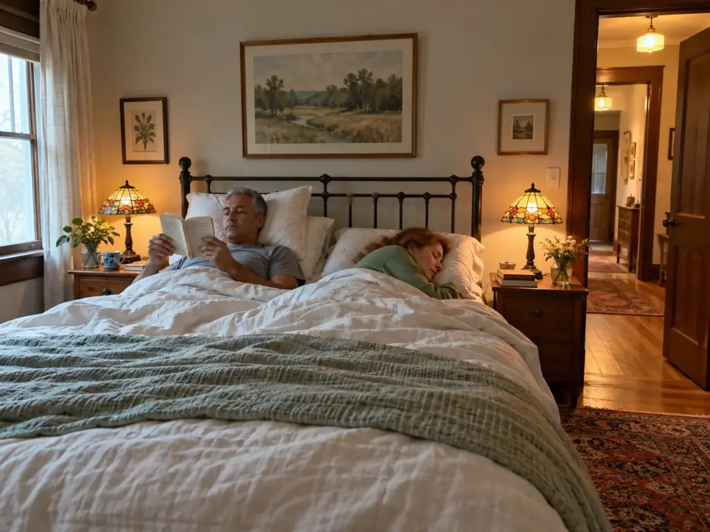 Couple in their late fifties on one bed, one on his back reading, one on her side with a different pillow each