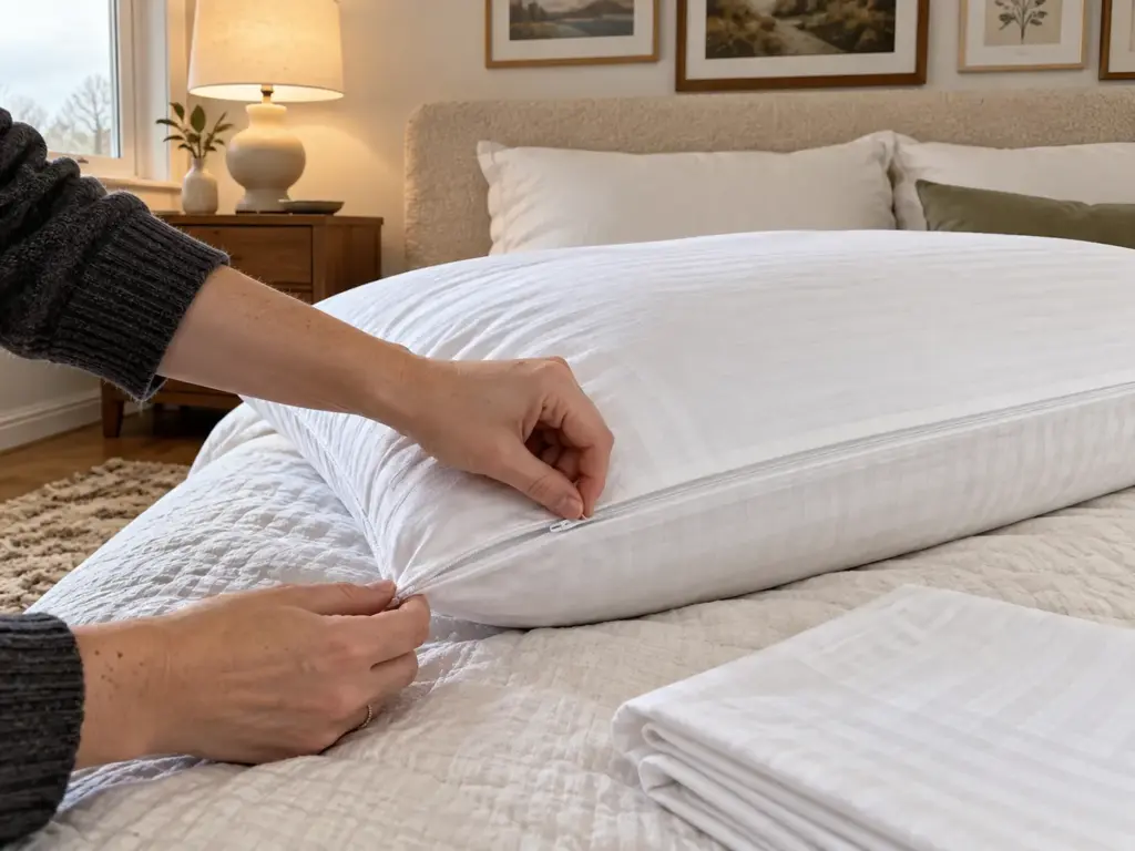 Hands zipping a white cotton protector closed around a memory foam pillow on a made bed