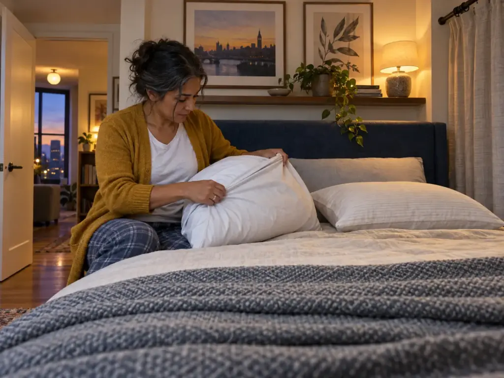 A woman sits on the edge of a made bed pulling a clean pillowcase onto a plump pillow, a lower pillow beside it