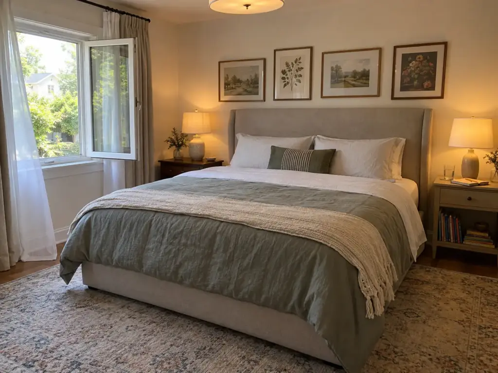 Made queen bed in a family bedroom with the window open and sheer curtains moving, a closed notebook on the nightstand