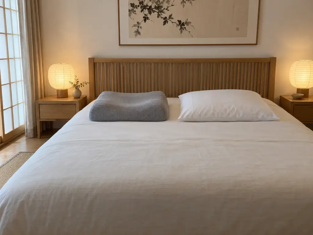 Two differently shaped pillows lying side by side on a made bed, one with a center dip and one plain rectangular