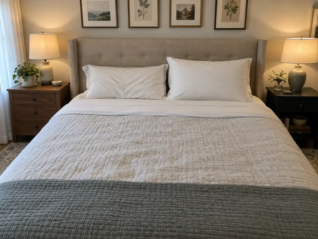 Two pillows side by side on a made queen bed, one flat and creased from long use and one plump and standing