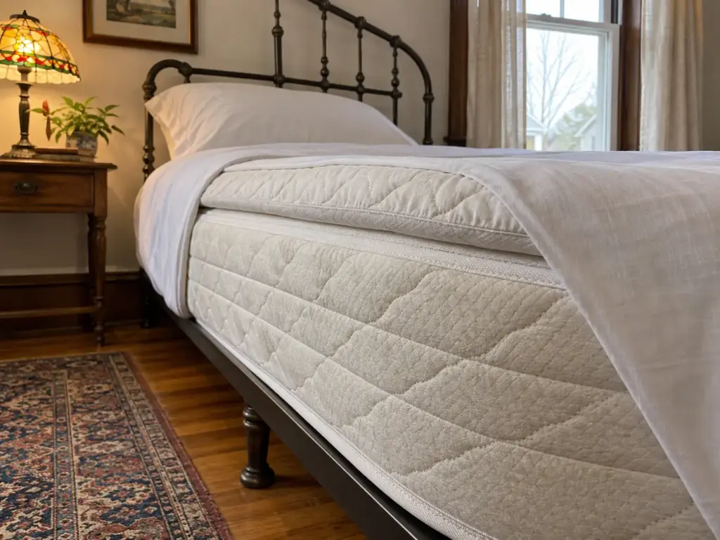 Side edge of a made bed showing the quilted topper under the fitted sheet at the corner with a pillow resting on it