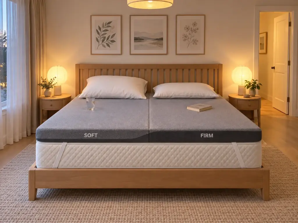 A two-firmness split foam topper laid on a queen bed with a pillow, a book and a glass of water on each side
